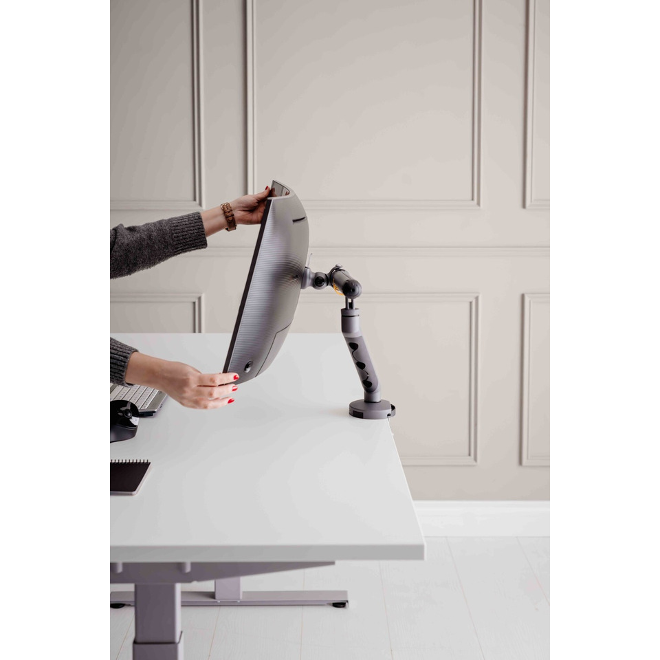 monitor, desk setup, adjustable arm, ergonomic, gray