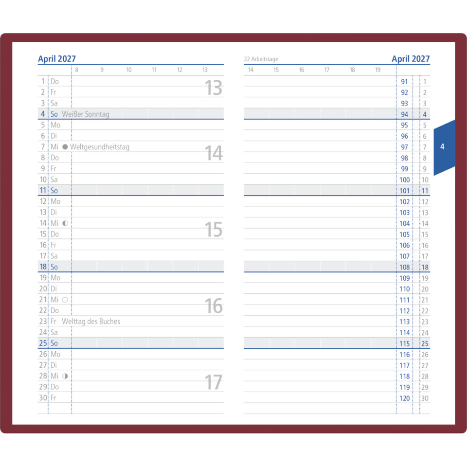 Kalender, Wandkalender, Elemente, Wochenansicht, April 2027