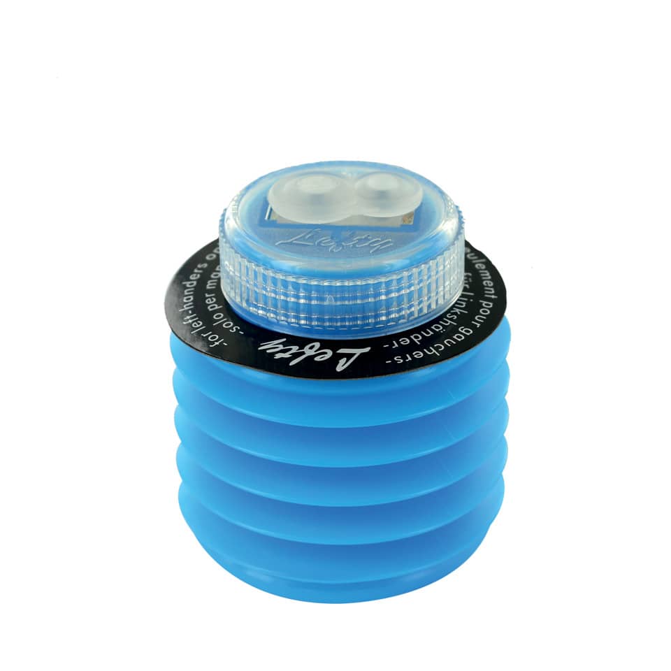 Kugelstoß, Verdrängerflasche, blaue Faltflasche, blaue Flasche, Ausgießer-Kappe