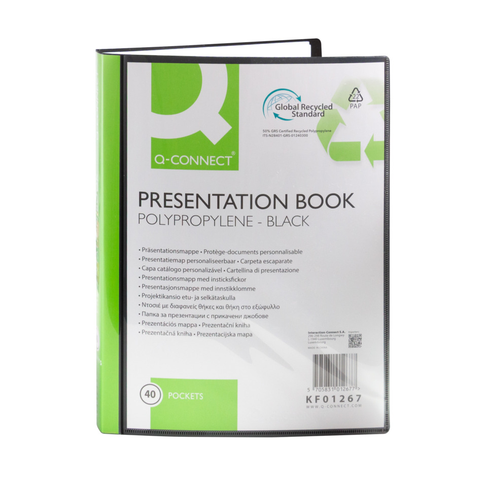 presentation book, polypropylene, black, pockets, cleanable cover