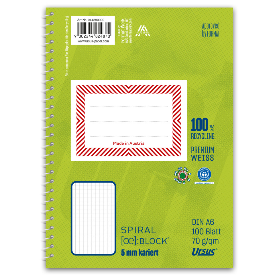 spiral notebook, notebook cover, recycling paper, DIN A6, grid label