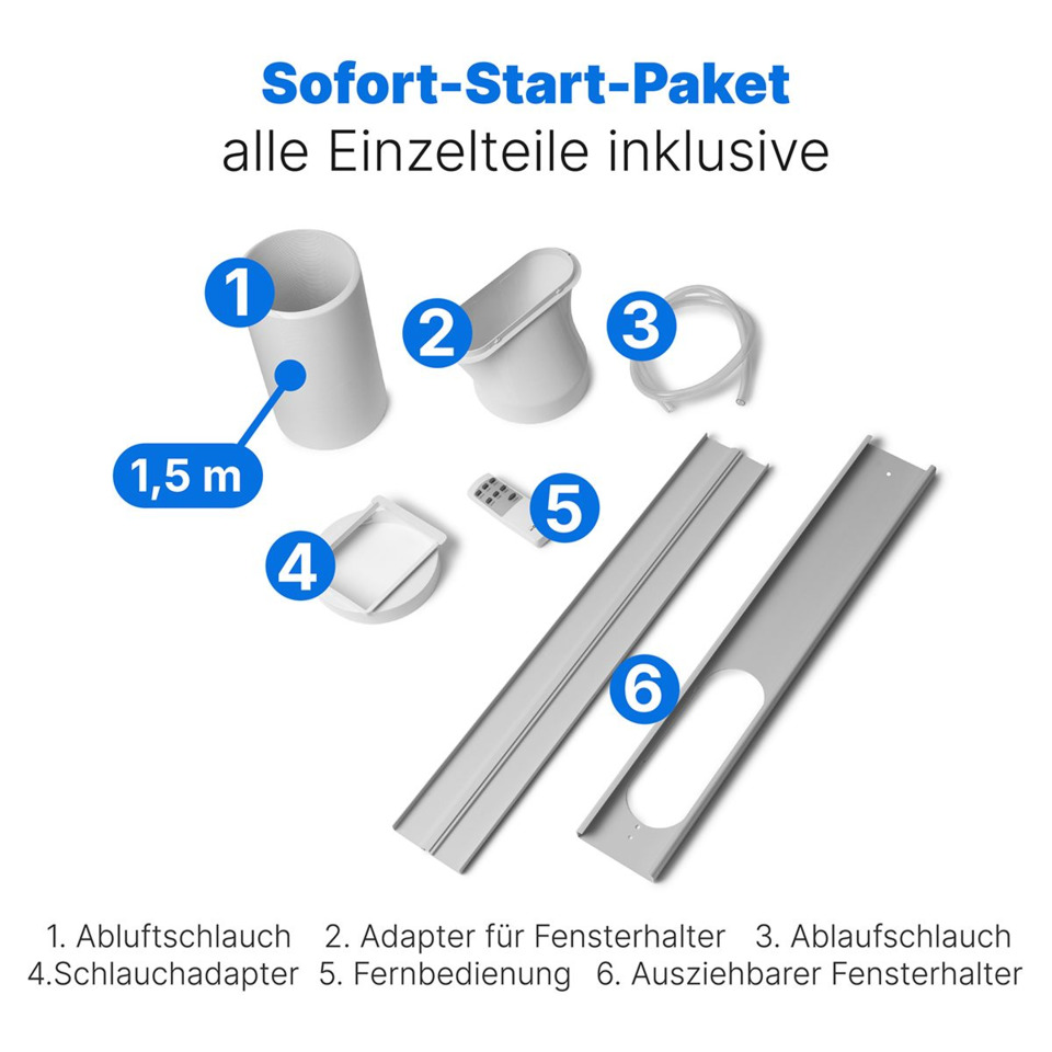 Abluftschlauch, Adapter, Fensterhalter, Fernbedienung, Ausziehbarer Fensterhalter