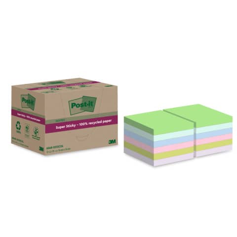 Haftnotizblock Super Sticky Recycling Notes, 76x76mm, 12x70 Blatt, sortiert POST-IT 654 RSS12COL
