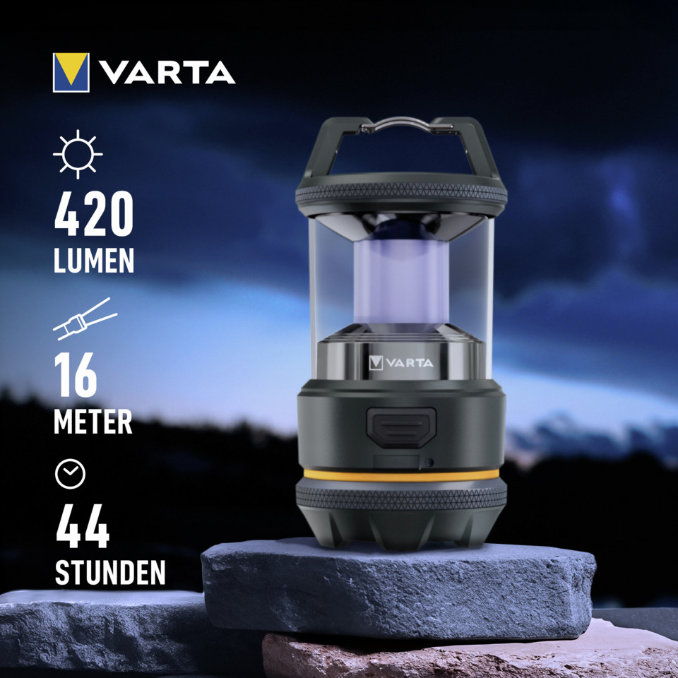 Laterne, Campinglampe, Varta, 420 Lumen, 16 Meter, 44 Stunden, LED, Powerbank, Grün, tragbar