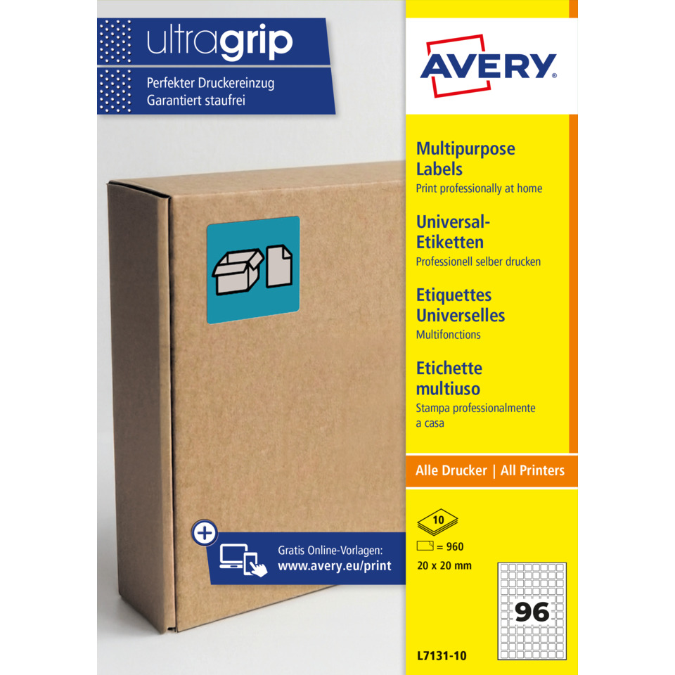 Kartonbox, Etikettenrolle, Universaletiketten, Druckervorlage, 960 Etiketten