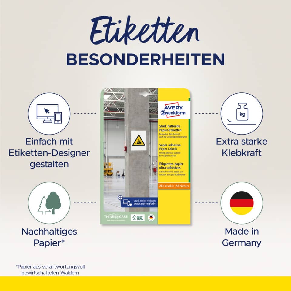 Etiketten, Bedruckte Papieretiketten, Klebkraft, Made in Germany, Papier