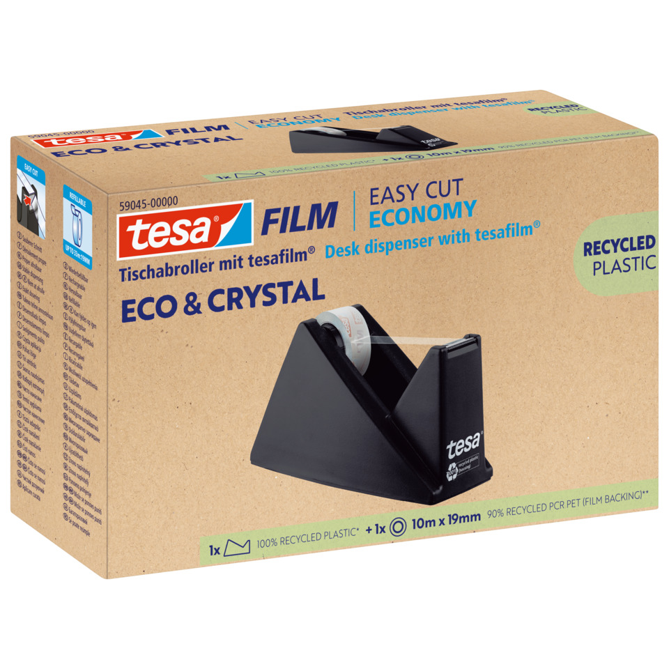 Schreibtisch-Tapebandspender, Abrollspender, ECO & CRYSTAL, Kunststoffbox, tesa-Film
