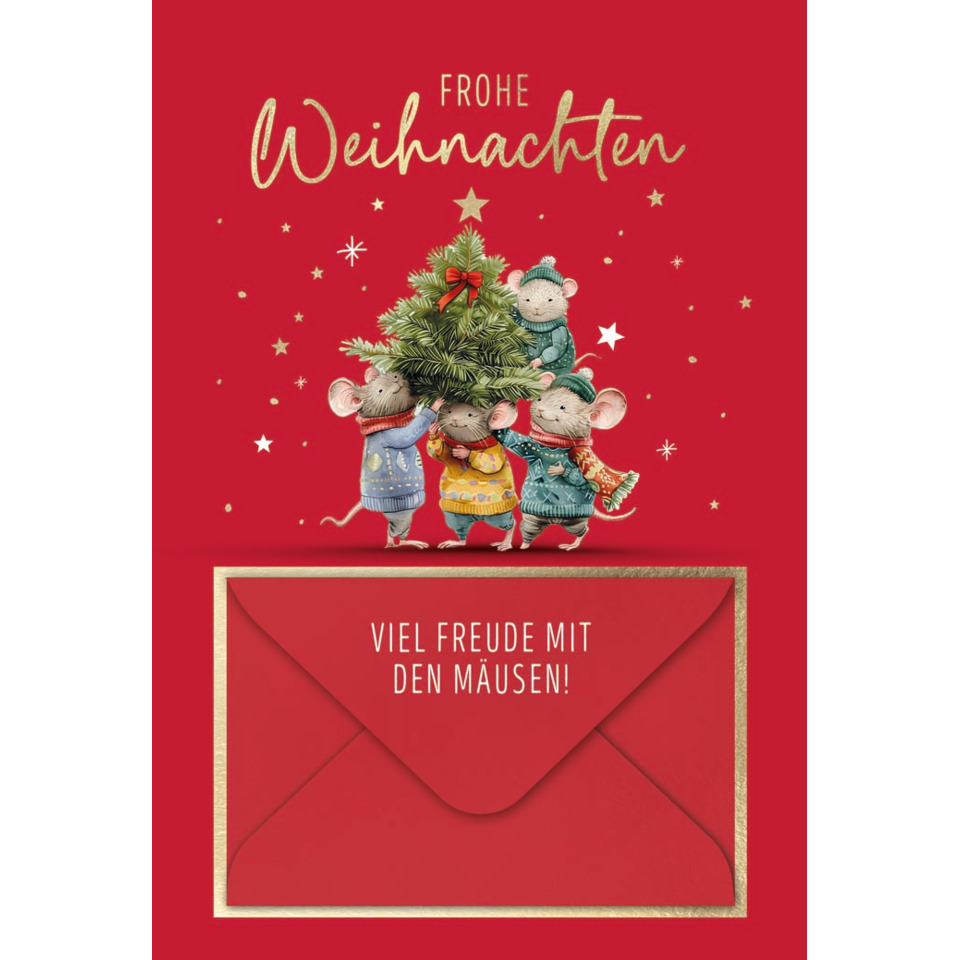 weihnachtskarte, weihnachtsfeier, mäuse, baum, kuvert-goldrand