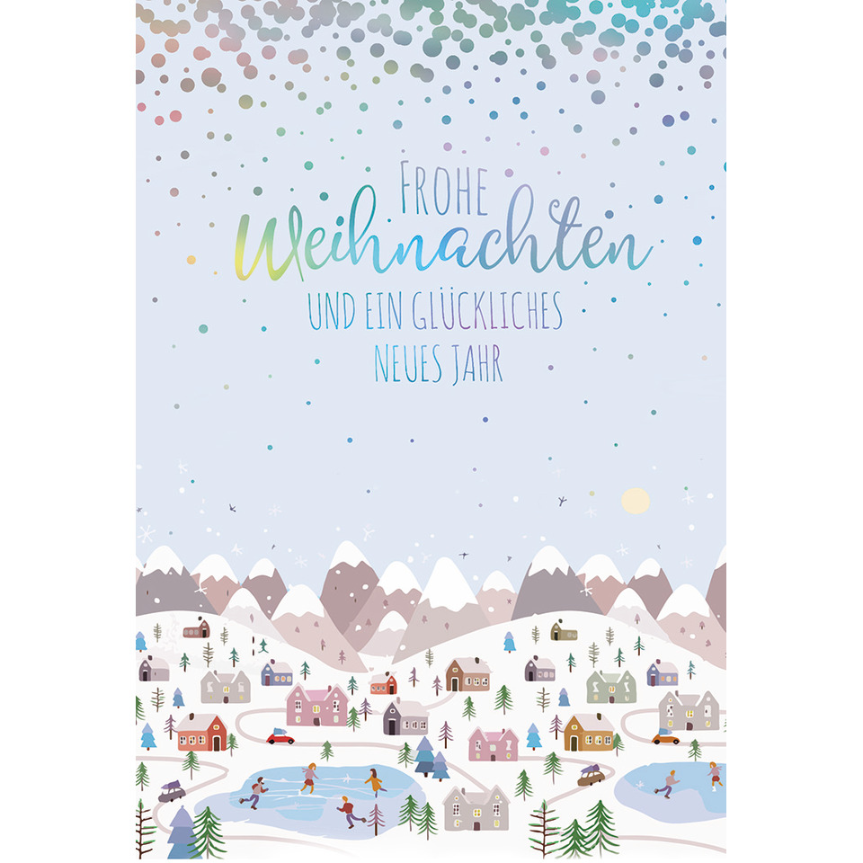 Weihnachtskarte, Winterlandschaft, Schneelandschaft, Dorfansicht, Konfetti Muster