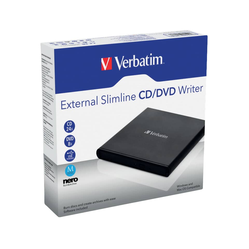 CD/DVD-Schreiber, externes Slimline, Verbatim, schwarze Box, USB betrieben