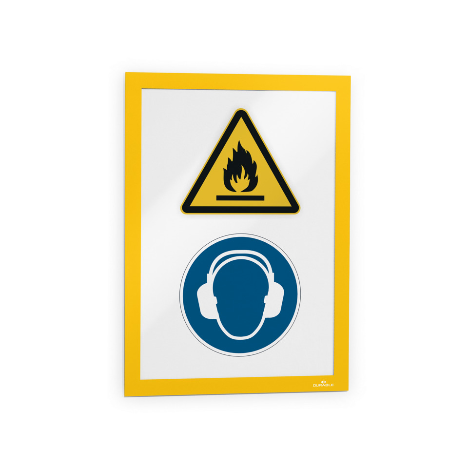 safety sign, warning sign, ear protection, earmuffs, yellow frame