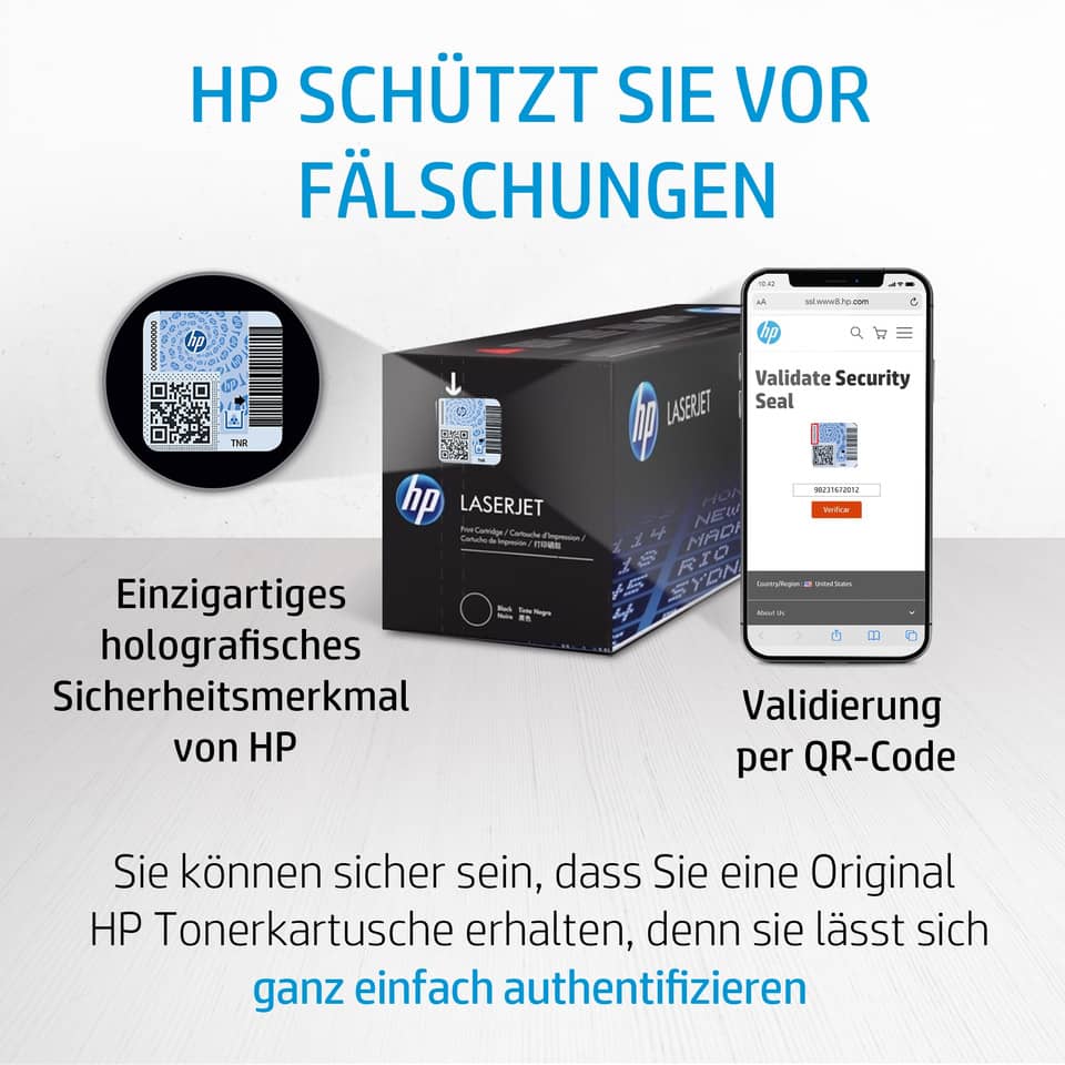 Toner cartridge, HP LaserJet, QR code, Sicherheitsmerkmal, Originalität