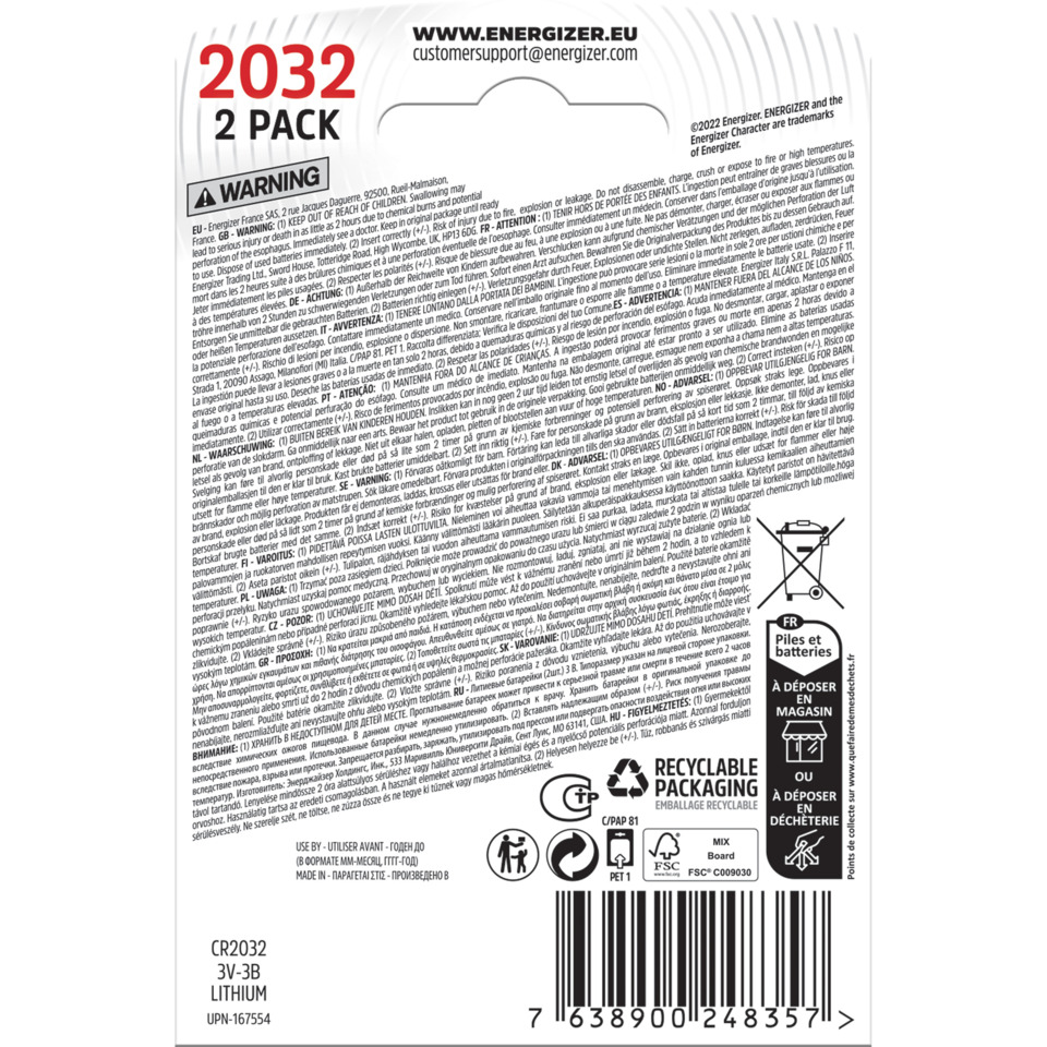 Lithium, Batterie, CR2032, 2er Pack, Zylindrisch