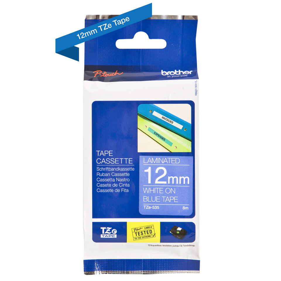 Tape, Laminate, 12mm, TZe, Cassette, Tape, Kassette, Laminate, 12mm, Weiß auf blaues Band