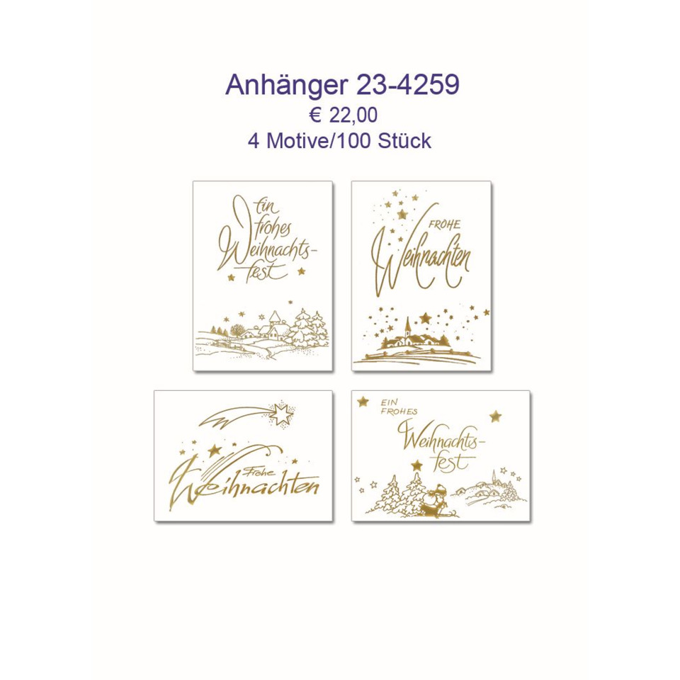 weihnachtskarte, karten-set, vier motiven, goldene schrift, weihnachtsdesign