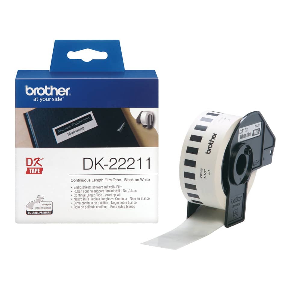 Tape, Printing tape, DK-22211, Schwarz auf Weiß, Kontinuierliche Bandlänge