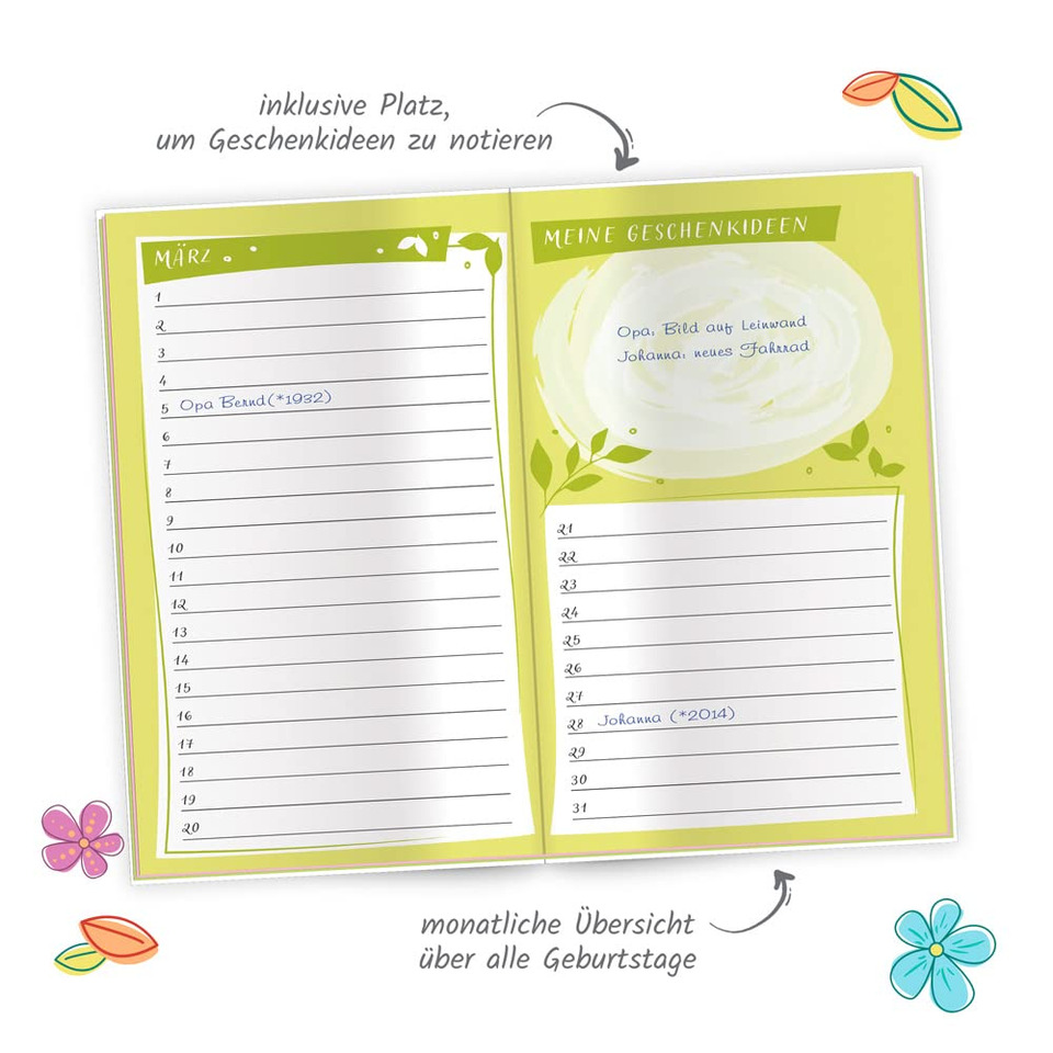 Notizbuch, Geschenkidee, Geburtstage, Seiten, Kalender
