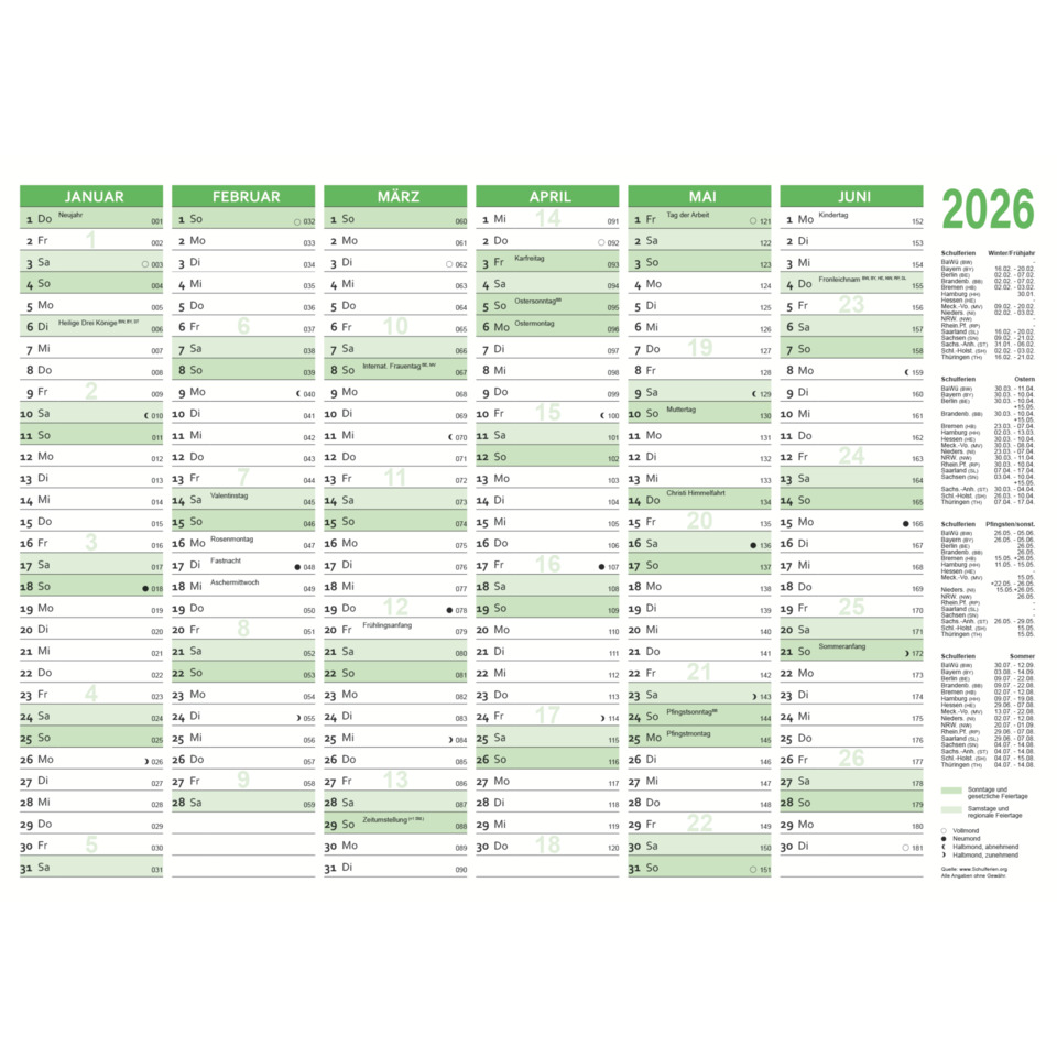 Kalender, Monatskalender, 2026, Wohnzimmerdeko, Grün