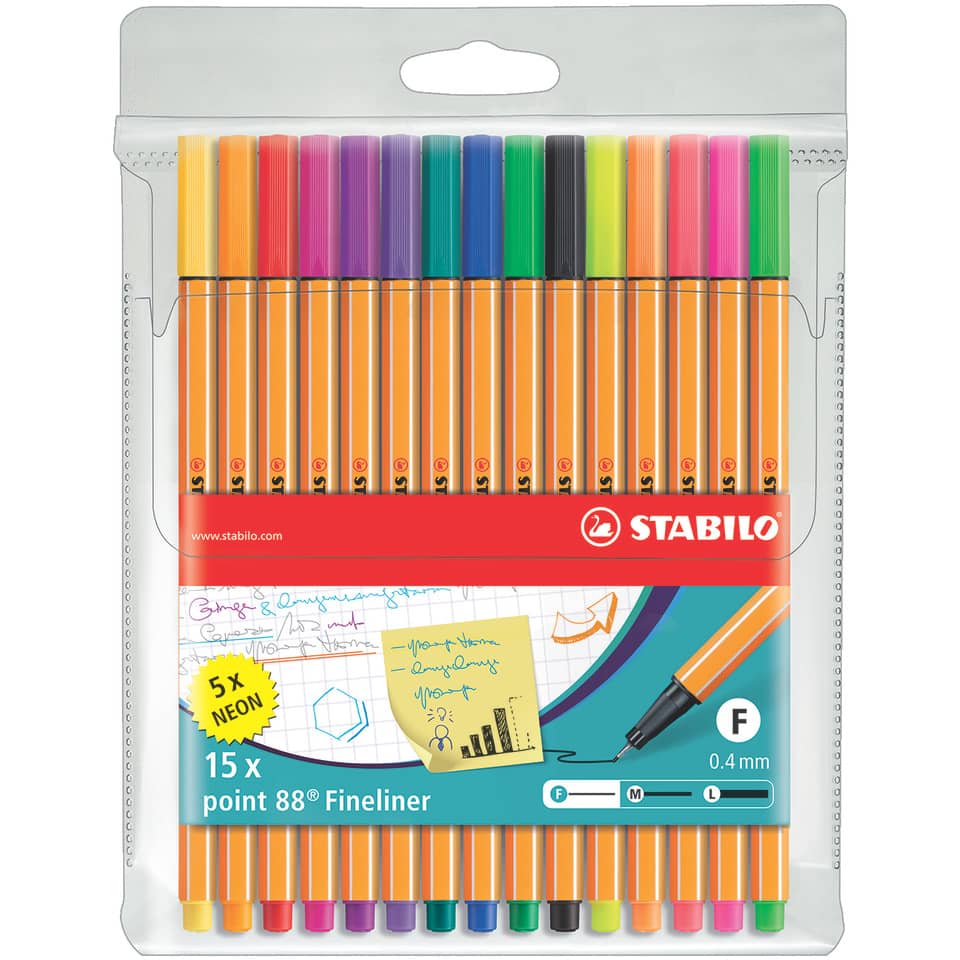 Stabilo Fineliner, Marker-Set, Neonfarben, 15x Fineliner, 0,4 mm
