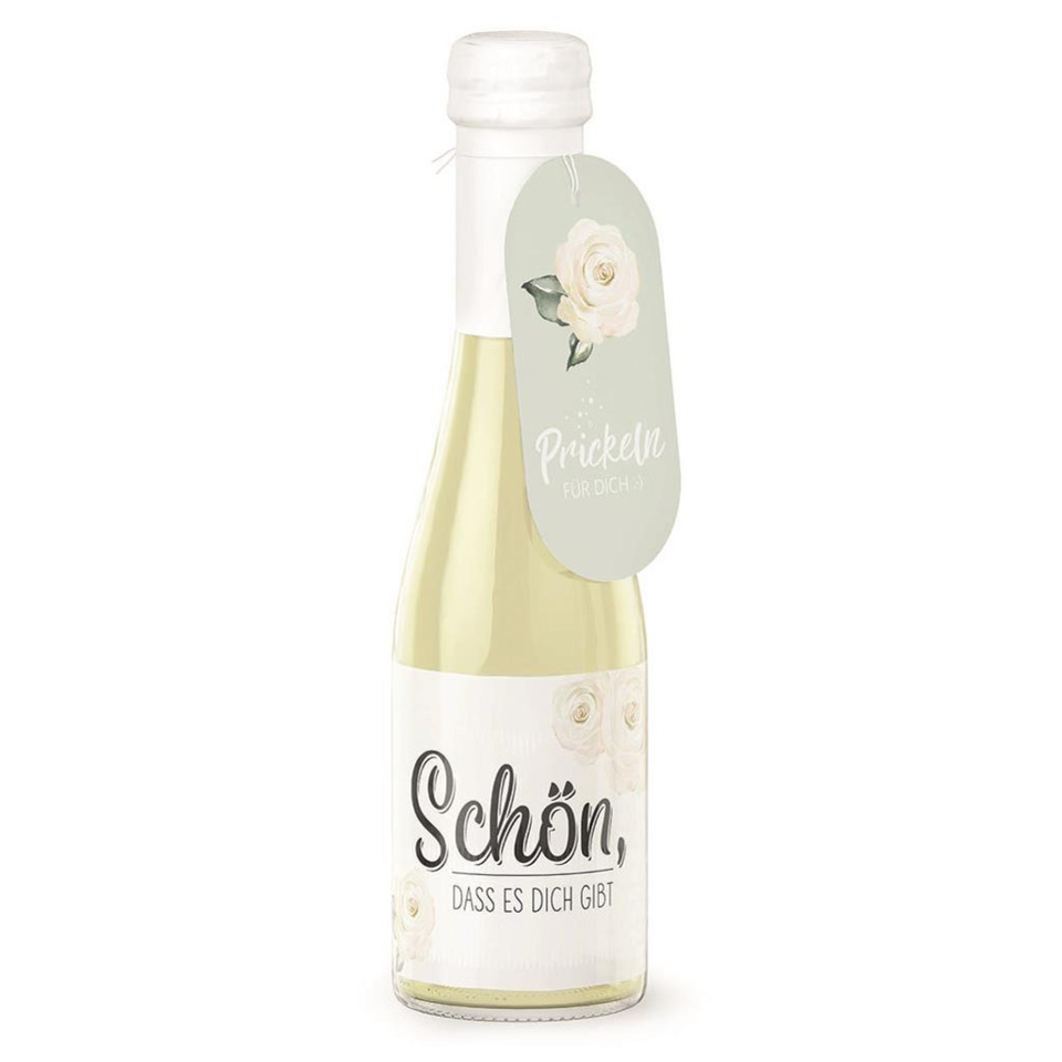 Weißwein, Glasflasche, Etikett, Blumenmotiv, Spruch