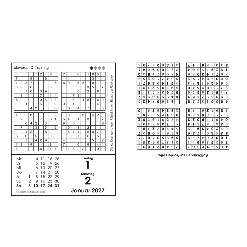 Kalender, Monat, Januar 2027, Puzzle-Layout, Kalenderseite