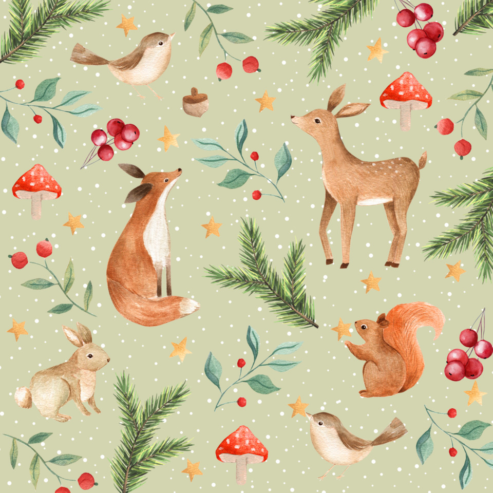  Reh, Fuchs, Eichhörnchen, Pilz, Schneeflocken