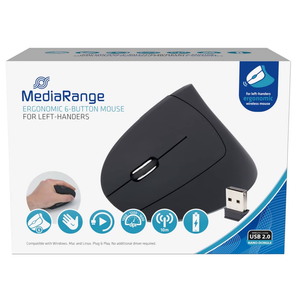 ergonomischer mauspunk, 6-tasten, linkshändig, usb wireless, nano-dongle