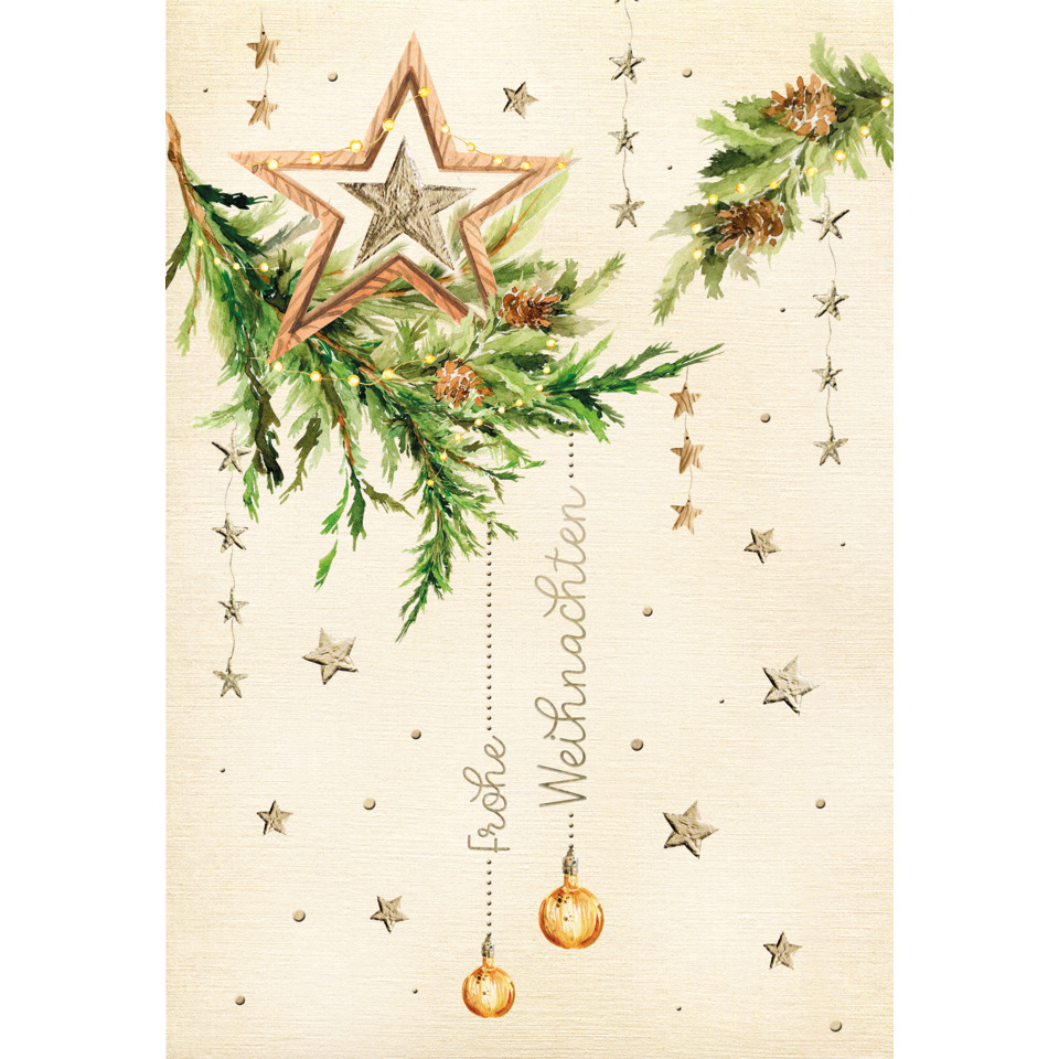 weihnachtskarte, stern, sternanhänger, tannenzweig, glitzerdeko