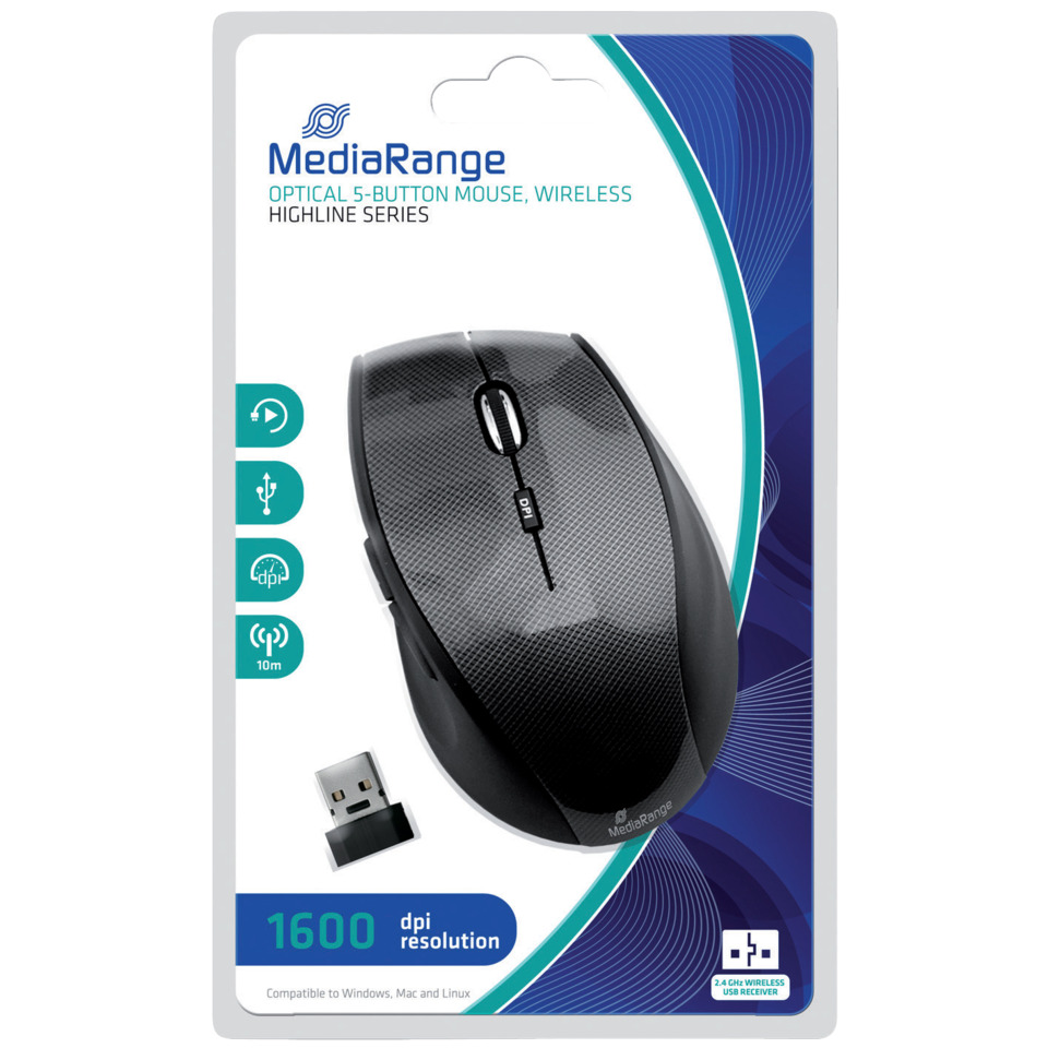 Maus, kabellos, USB, 1600 dpi, Optisch