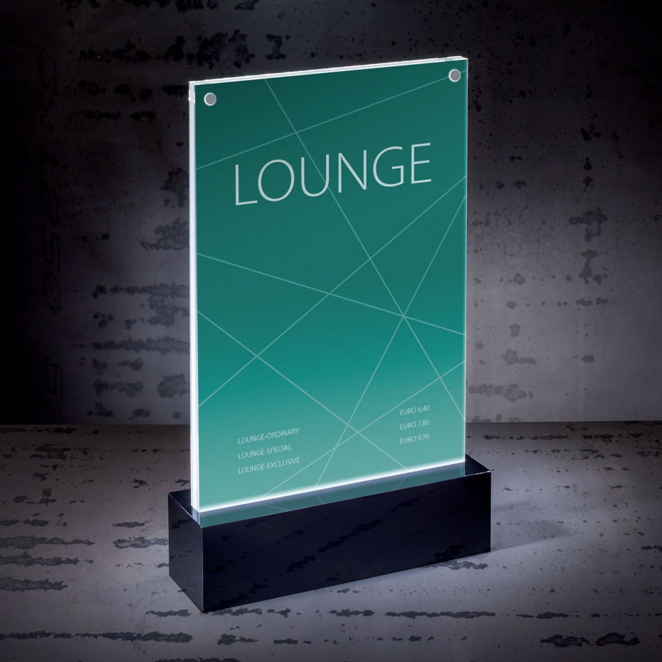 Lounge Sign, Acrylic Panel, Grüner Verlauf, Kantenbeleuchtung, Tischdisplay