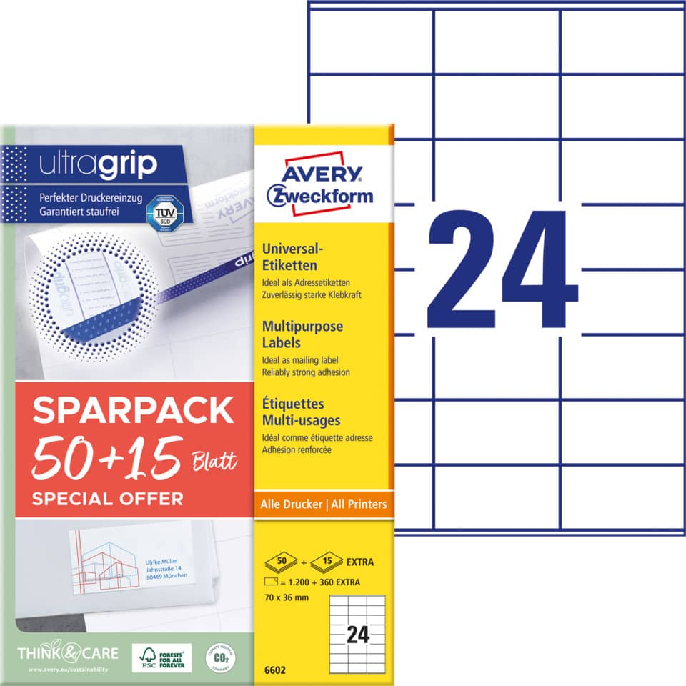 Druckerpapier, Etiketten, Multifunktionsetiketten, Avery, Sparpack