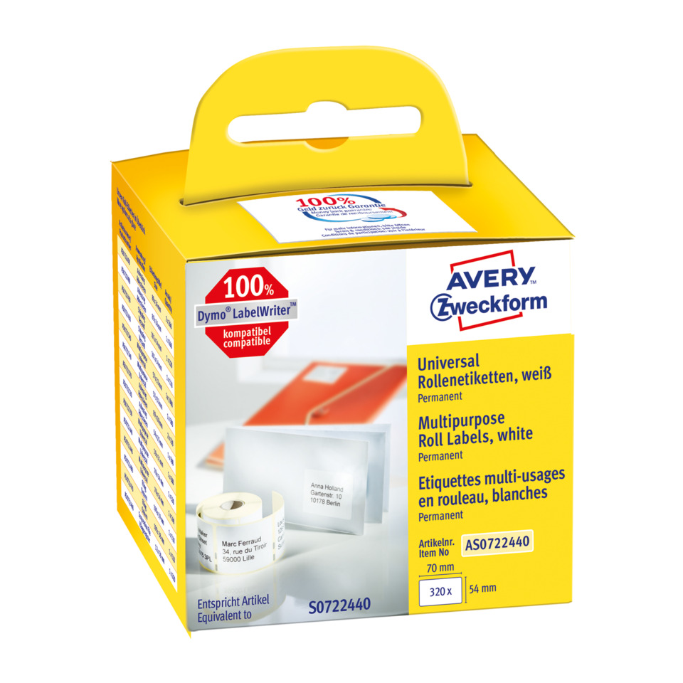 etiketten, rolletiketten, universell, weiß, maß 70 mm x 54 mm, Rollenklebebänder, Etiketten, Universal-Label, weiß, Permanent