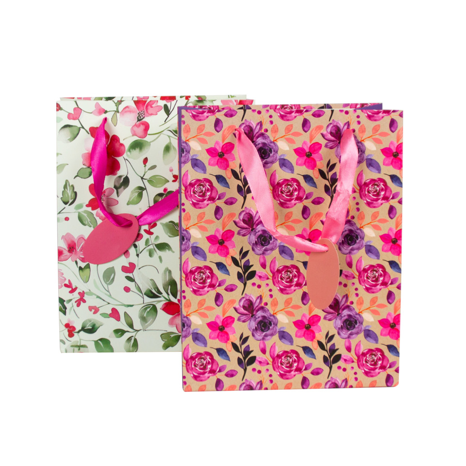 Geschenktüte, Papiertragetasche, Blumenmuster, Rosa Akzent, Schleife