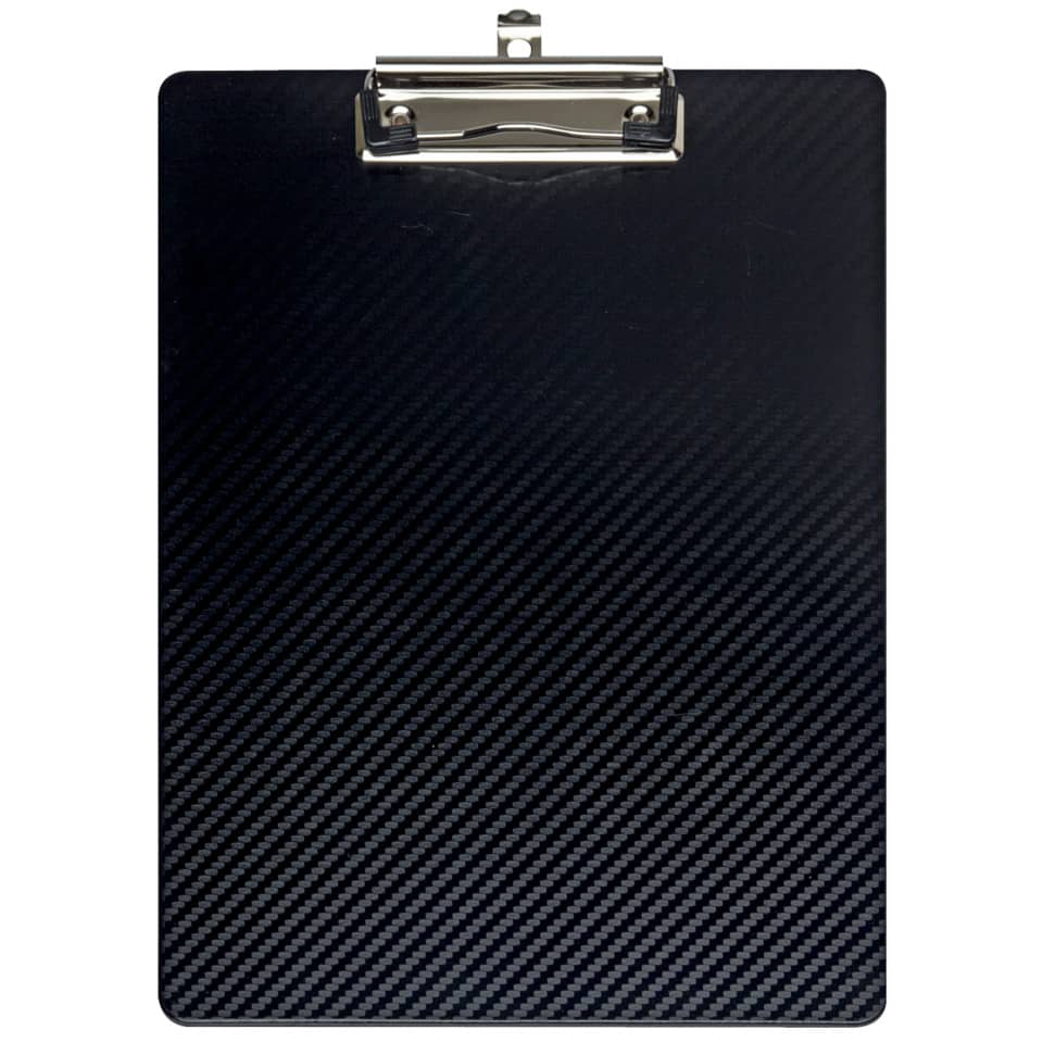 Clipbord, Clipboard mit Metallclip, Carbonfaser Muster, schwarzer Clipboard, ebene Oberfläche