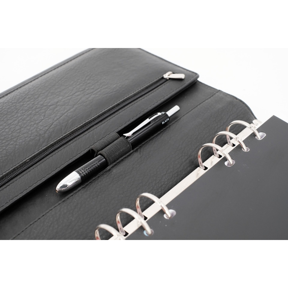 notebook, spiral binder, black pen, pencil holder, stationery set