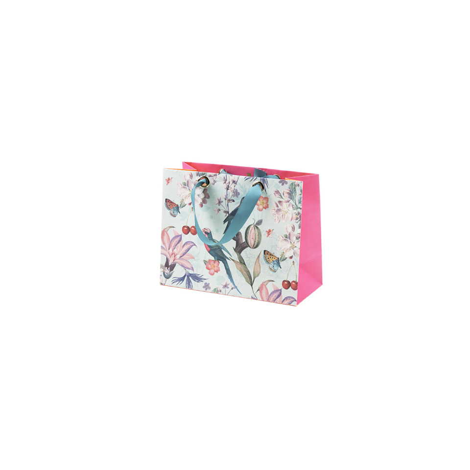 Geschenktüte, Papiertragetasche, Blumenmuster, blaue Griffe, rosa Seiten