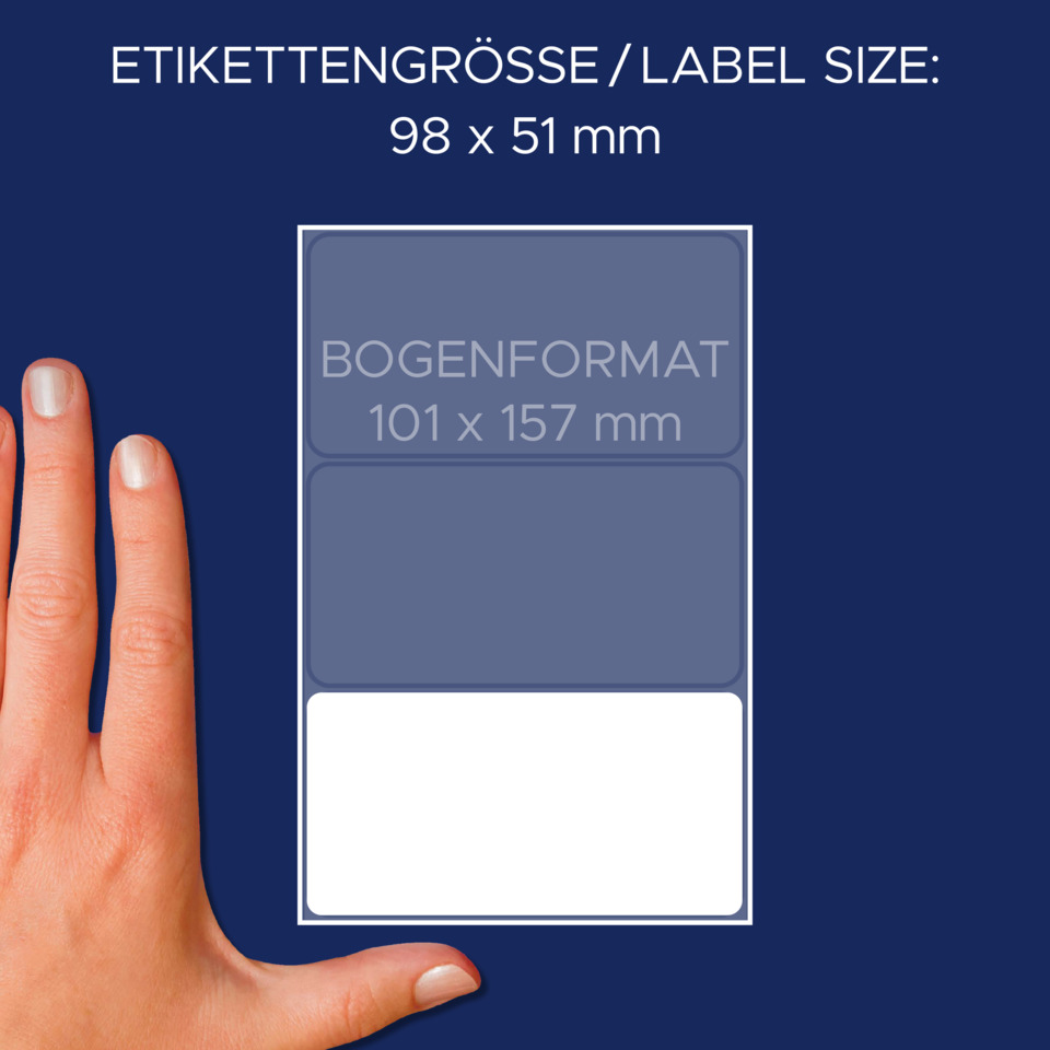 Hand, Karte, Aufkleber, Label, Größe 98x51 mm
