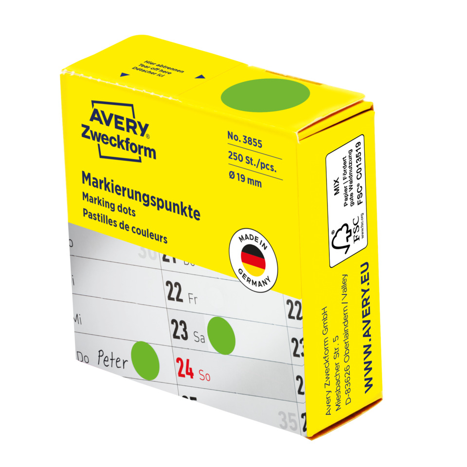 Markierungspunkte, Nadeln, Kalenderpapier, Gelb, Made in Germany