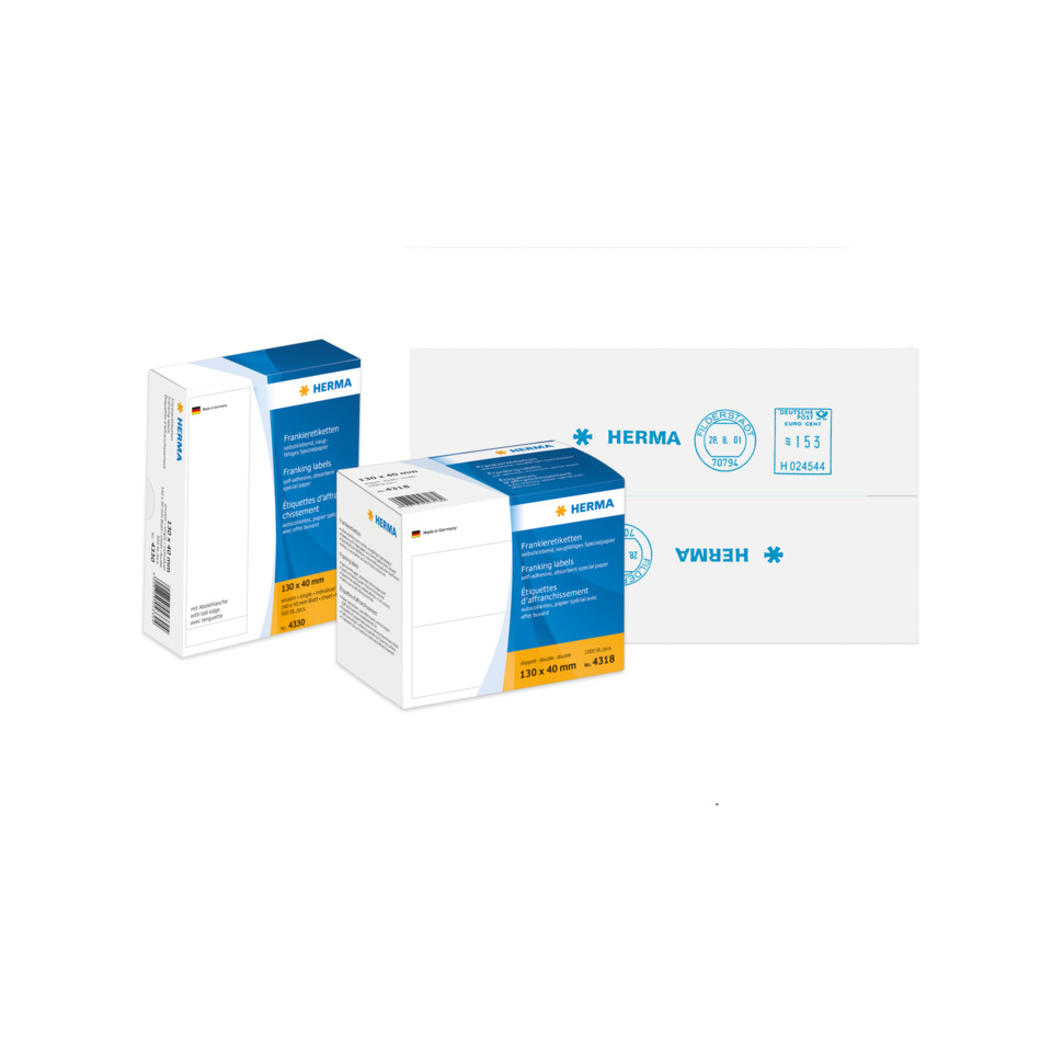 Franking labels, Etikettenbox, Klebebandetiketten, Kleinformatetiketten, Herma
