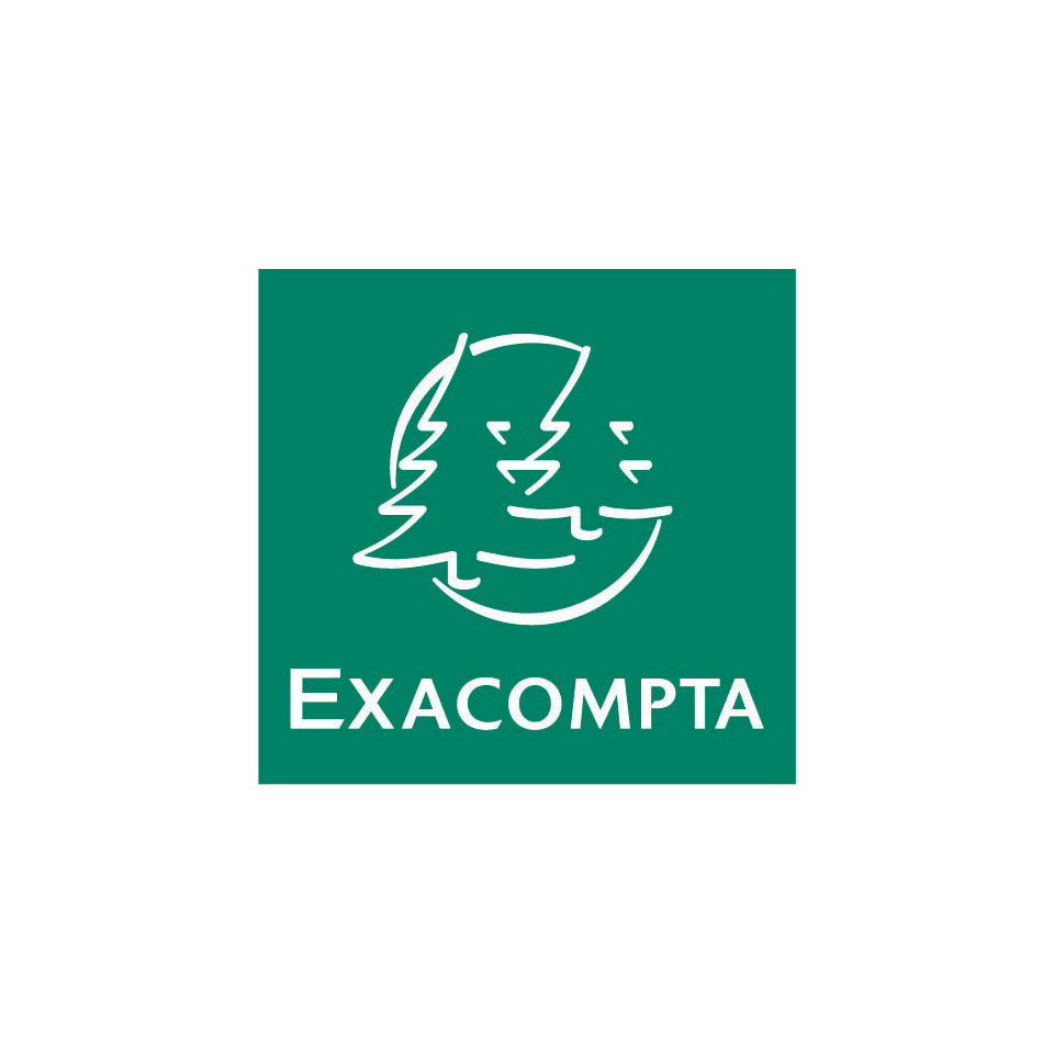 Logo, Grünes Quadrat, Weiße Linienzeichnung, Text Exacompta, Markenzeichen