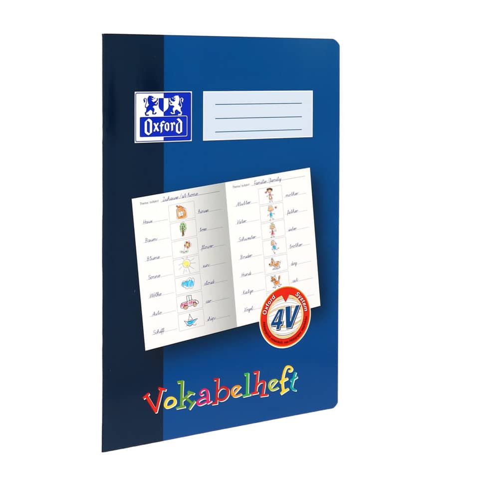 notebook, Wortschatzheft, Oxford, blauer Einband, beschriftete Blätter