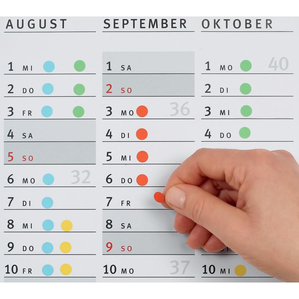 Kalender, Monatskalender, Datengitter, Hand mit Punkt, Farbpunkte