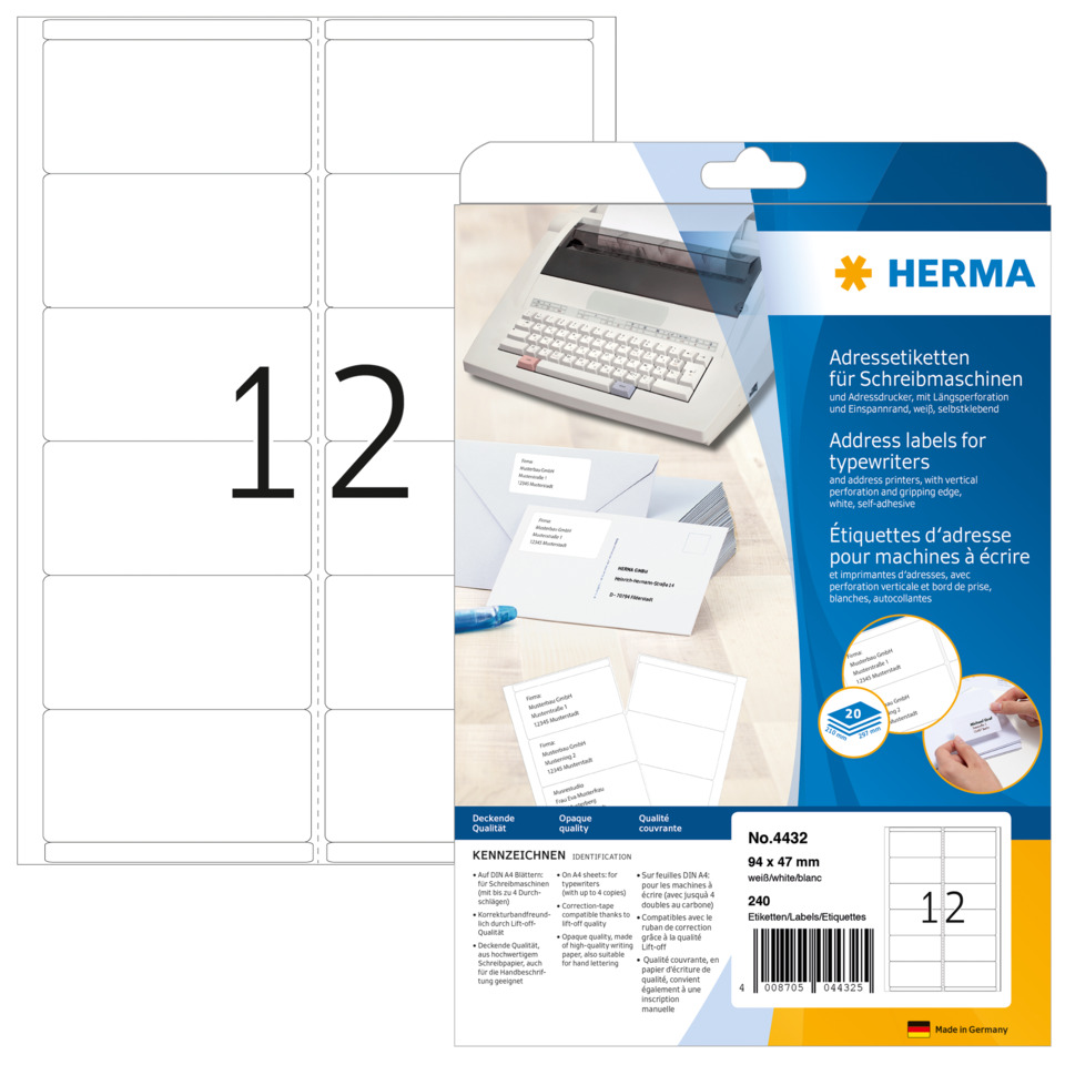 Adressetiketten, Schreibmaschinentyp, Drucker-Label, DIN A4, Etiketten-Blatt