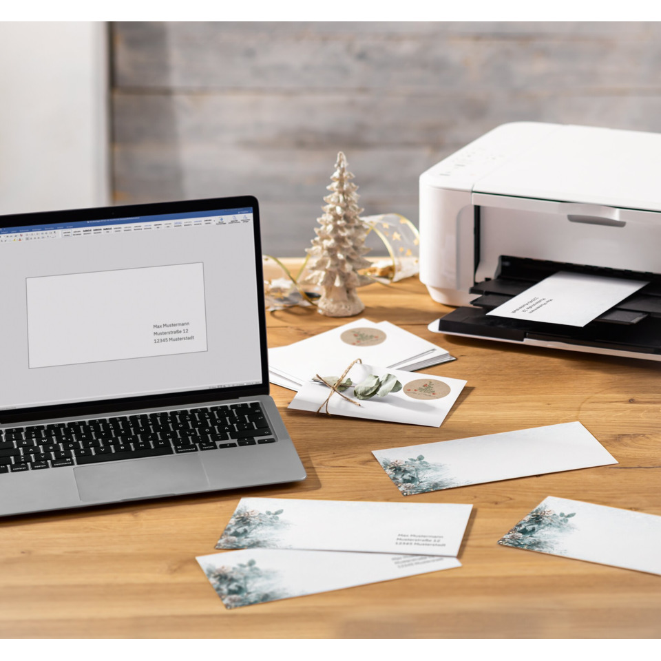 Laptop, Drucker, Schreibtisch, Umschlag, Karten