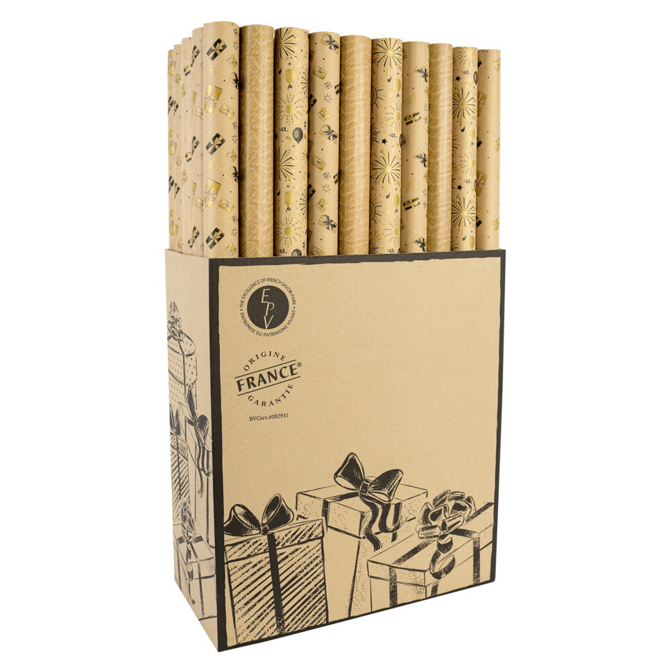 Geschenkpapier, Papierrollen, Kraftpapier, Weihnachtsmuster, Braun-Gold