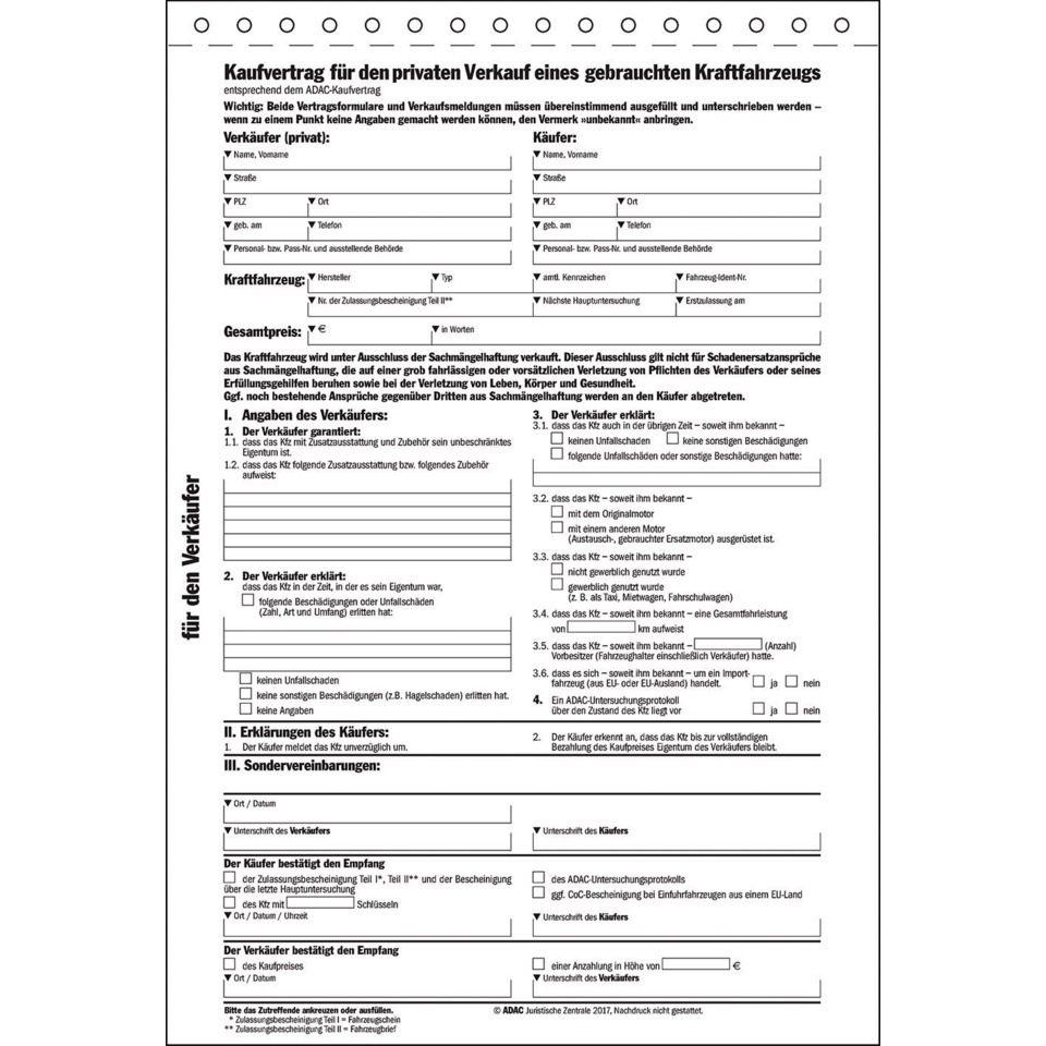 Kaufvertrag, Gebrauchte, Kraftfahrzeug, Vertragsformular, ADAC