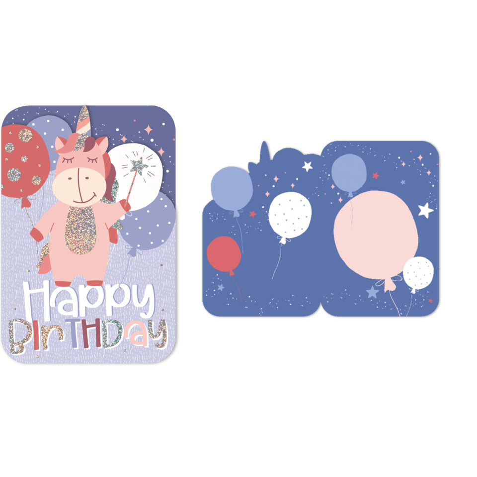 Birthday card, Balloon, Unicorn, Pastel purple, Patterned card
