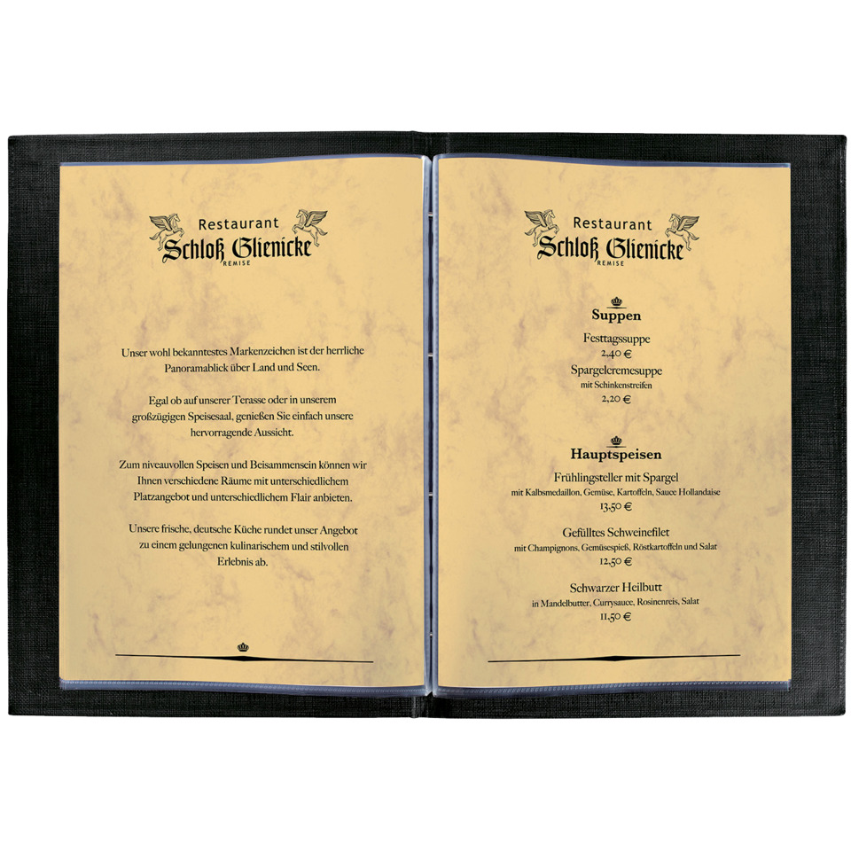 Menü, Restaurant, Menükarten, zweiseitig, Speisekarte, Menükarten, Restaurant, Speisekarte, Offenlegung, Schloss Glienicke