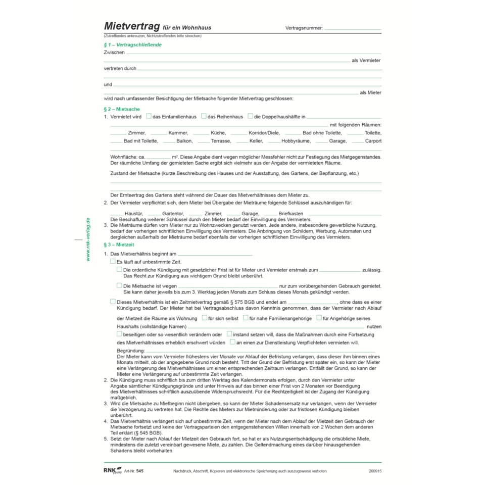 Mietvertrag, Wohnhaus, Vertragsformular, Mietverhältnis, Raumaufteilung