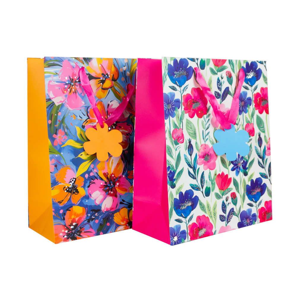 Geschenktasche, Blumenmuster, Papierbeutel, Farbenfroher Beutel, Schleife